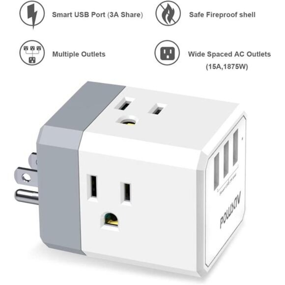 Multi Plug Outlet, Outlet expanders, POWSAV USB Wall Charger with 3 USB - Picture 2 of 7